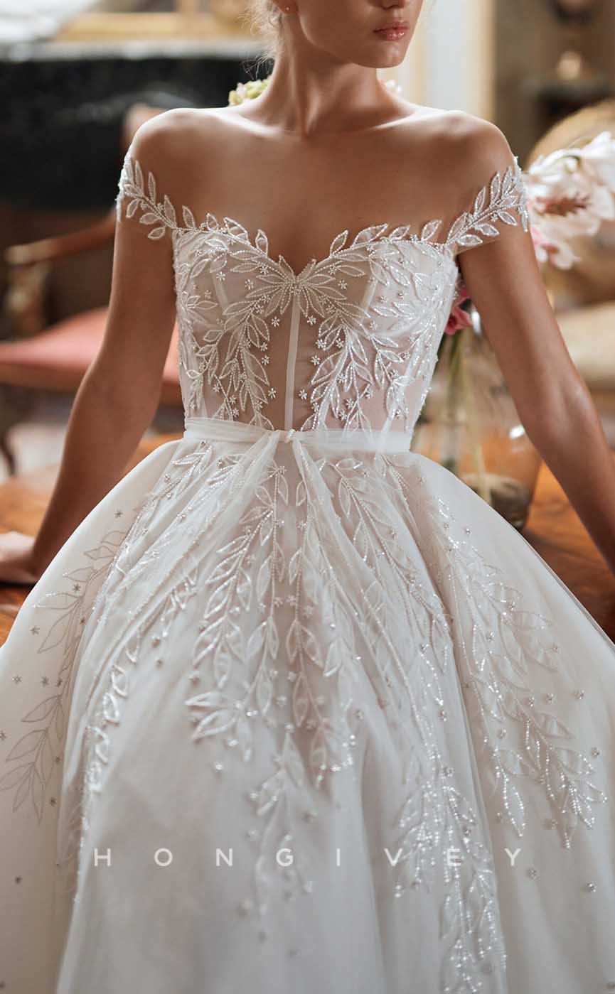 H1362 - Sexy Tulle A-Line Off-Shoulder Illusion Empire Beaded Appliques Belt With Train Wedding Dress