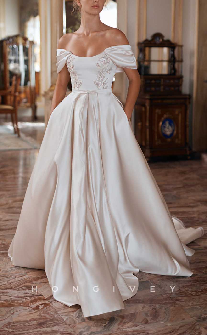 H1363 - Sexy Satin A-Line Off-Shoulder Empire Beaded Embroidery With Pockets Train Wedding Dress