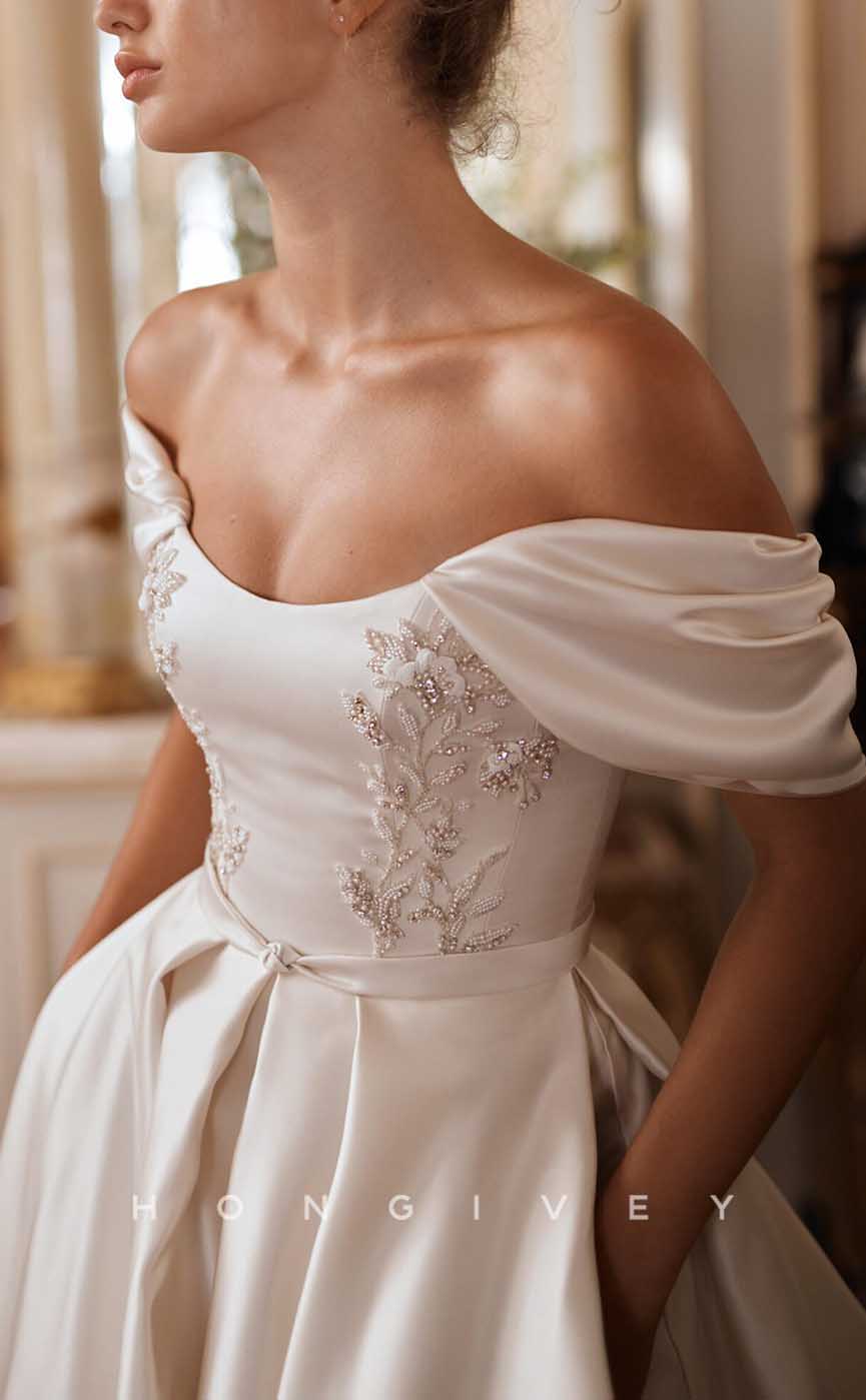 H1363 - Sexy Satin A-Line Off-Shoulder Empire Beaded Embroidery With Pockets Train Wedding Dress