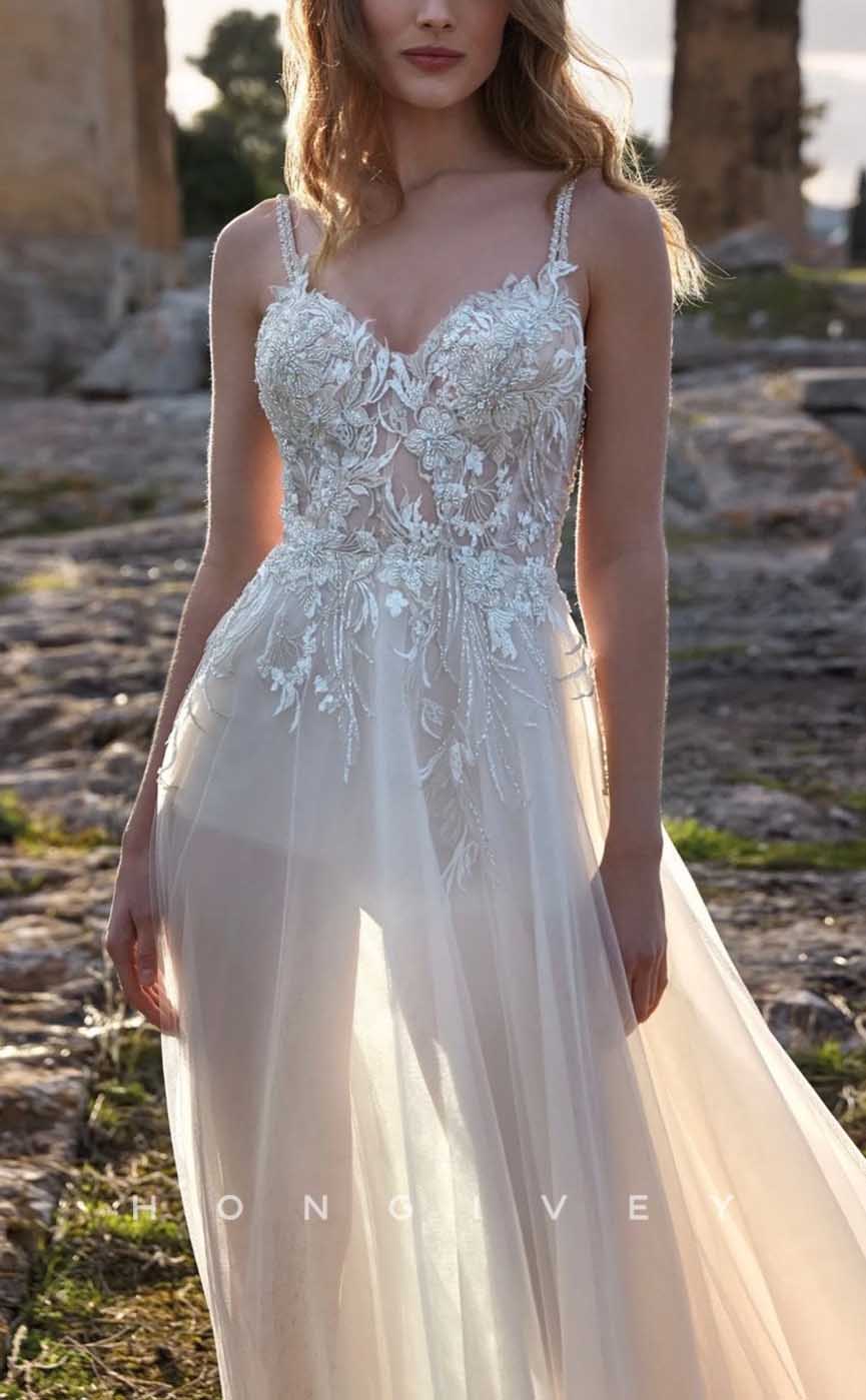 H1364 - Sexy Tulle A-Line Illusion Sweetheart Spaghetti Straps Empire Beaded Appliques With Tulle Train Wedding Dress