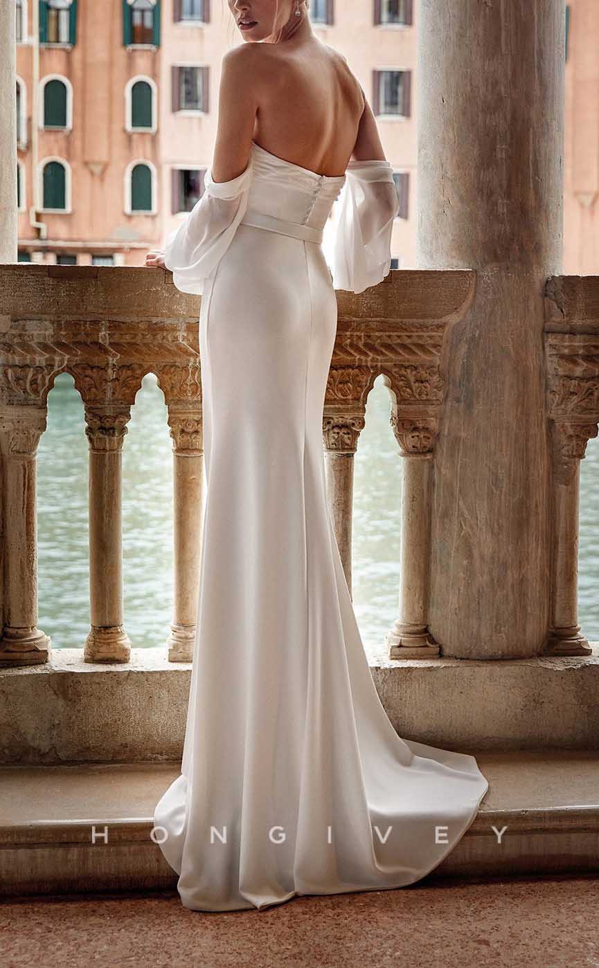 H1367 - Sexy Satin Trumpt Sweetheart Long Puff Sleeves Empire Belt With Side Slit Train Wedding Dress