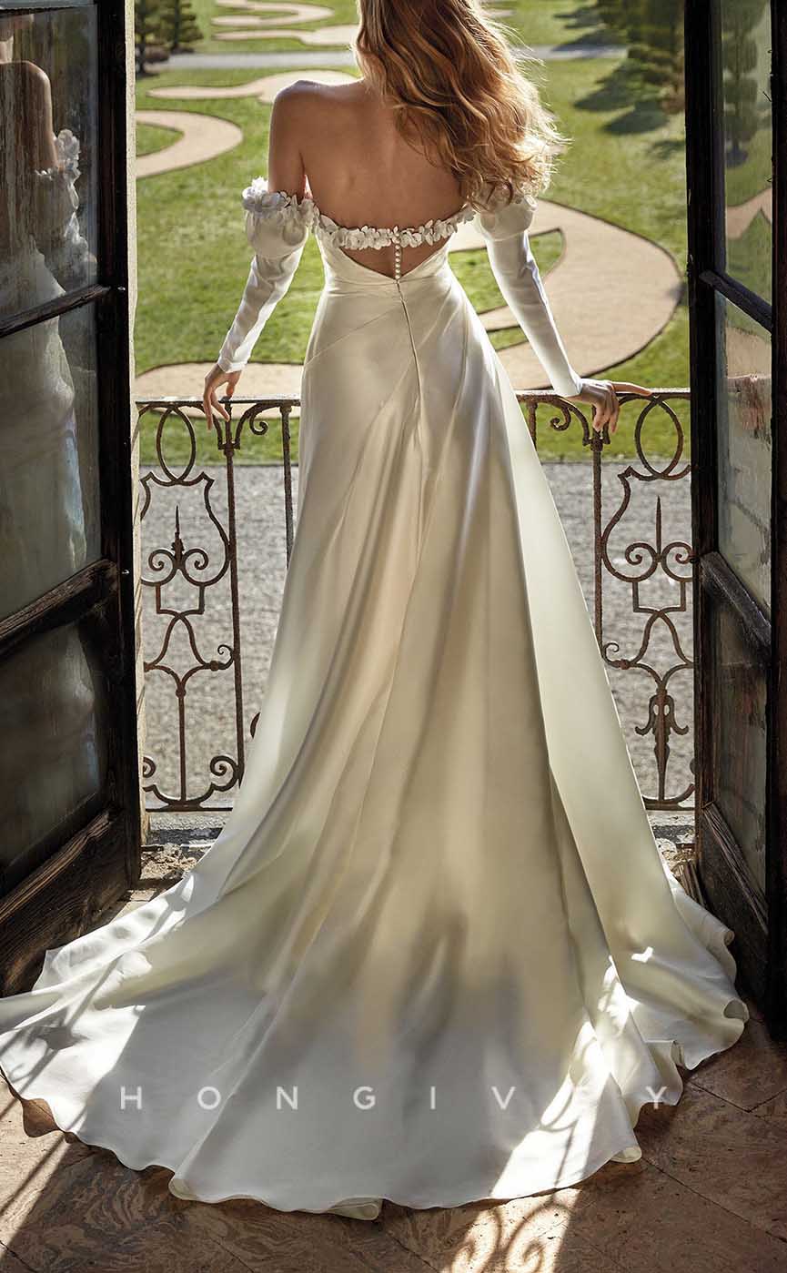 H1368 - Sexy Satin A-Line Sweetheart Long Sleeve Empire Ruched With Side Slit Train Wedding Dress