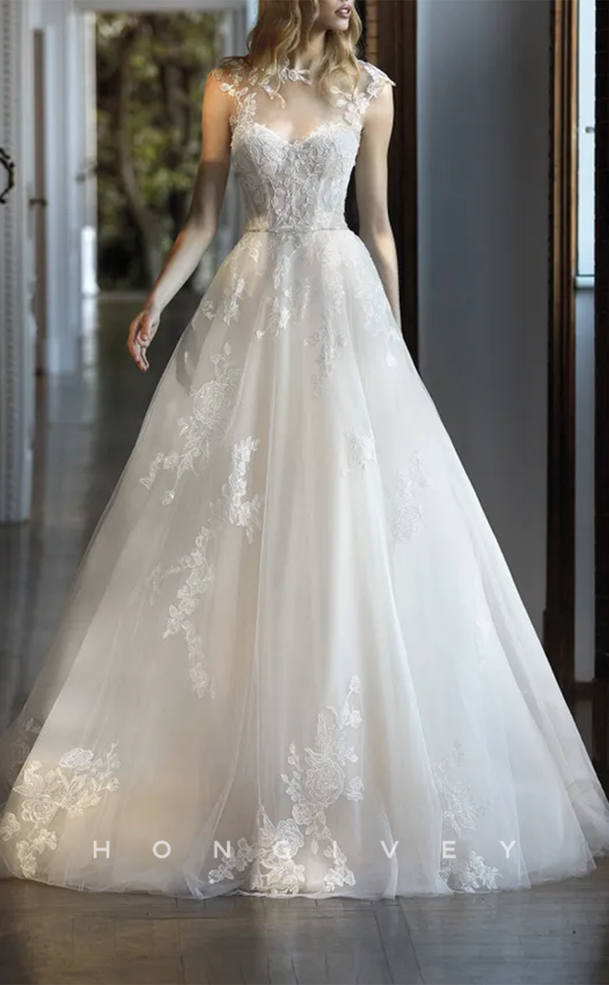 H1369 - Sexy Tulle A-Line High Neck Sleeveless Empire Beaded Appliques With Train Wedding Dress