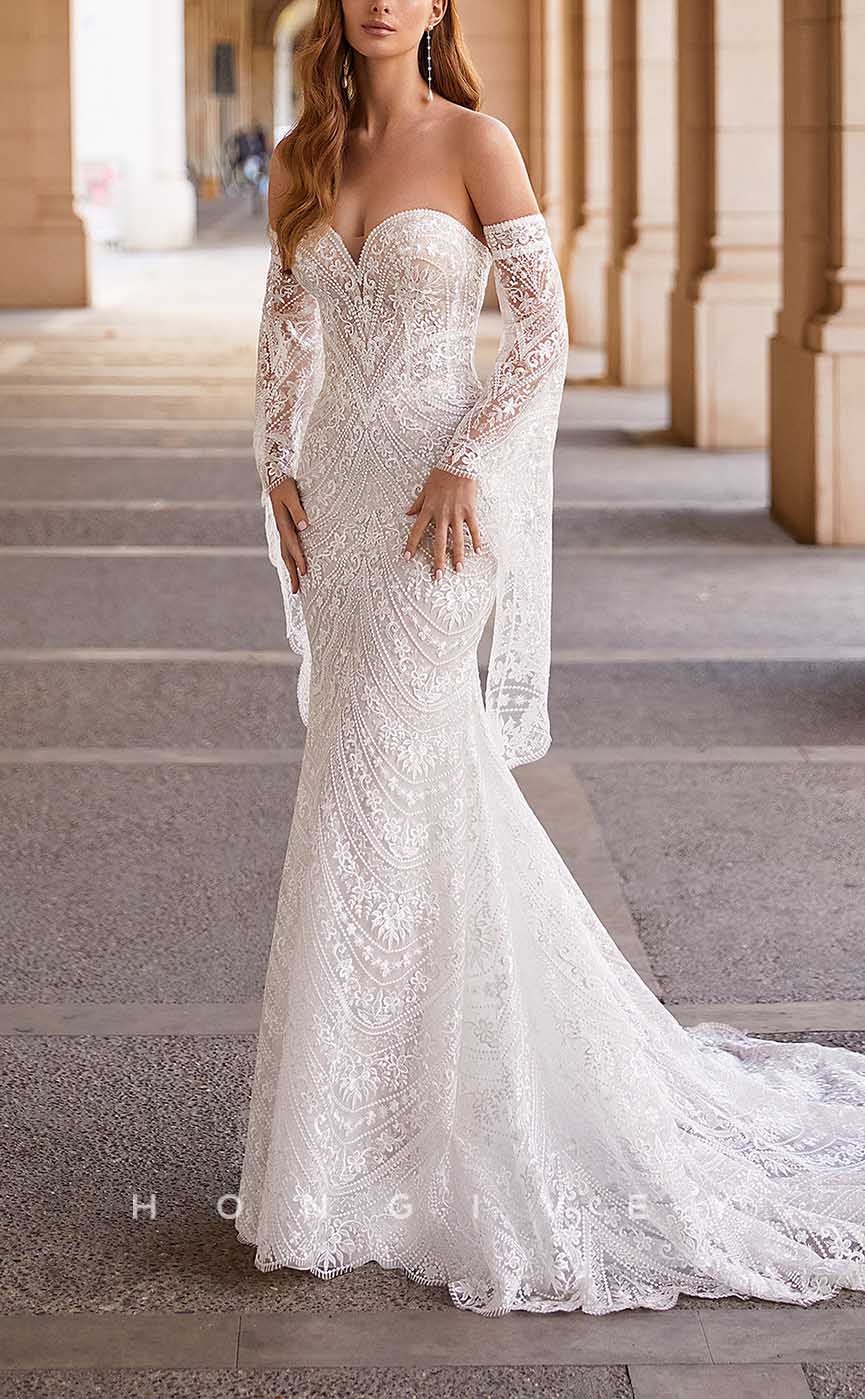 H1370 - Sexy Satin Trumpt Sweetheart With Long Bell Sleeves Empire Fully Appliques With Train Boho Wedding Dress