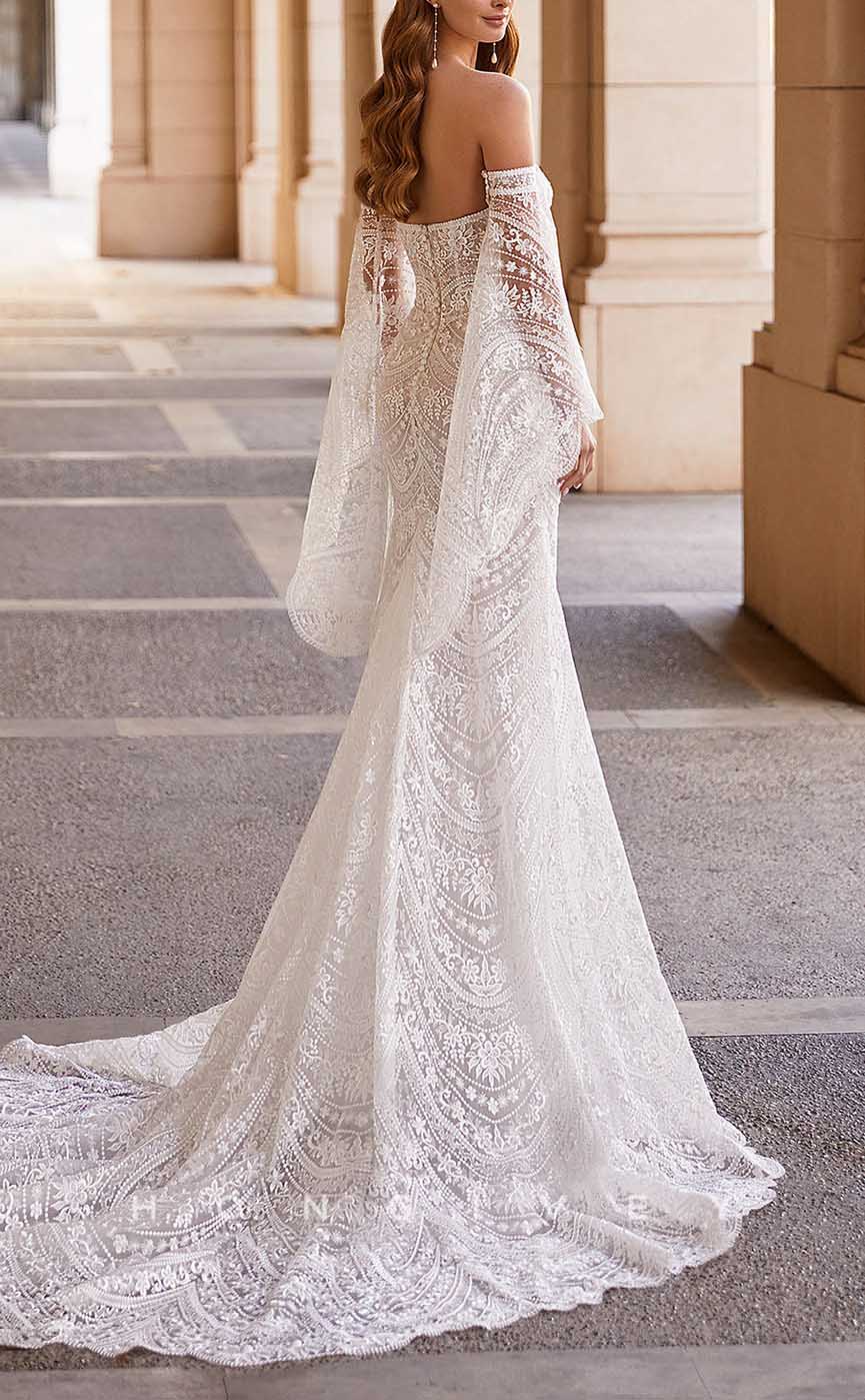 H1370 - Sexy Satin Trumpt Sweetheart With Long Bell Sleeves Empire Fully Appliques With Train Boho Wedding Dress