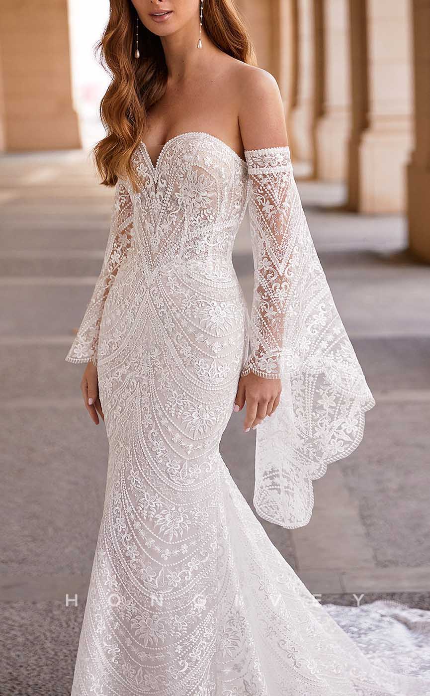 H1370 - Sexy Satin Trumpt Sweetheart With Long Bell Sleeves Empire Fully Appliques With Train Boho Wedding Dress