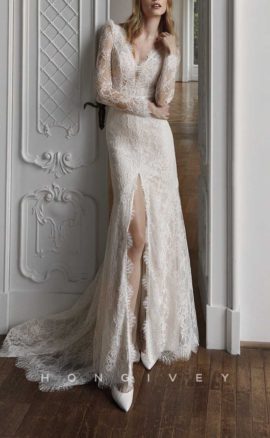 H1371 - Sexy Lace Trumpt V-Neck Long Sleeve Empire Open Back With Slit Train Wedding Dress