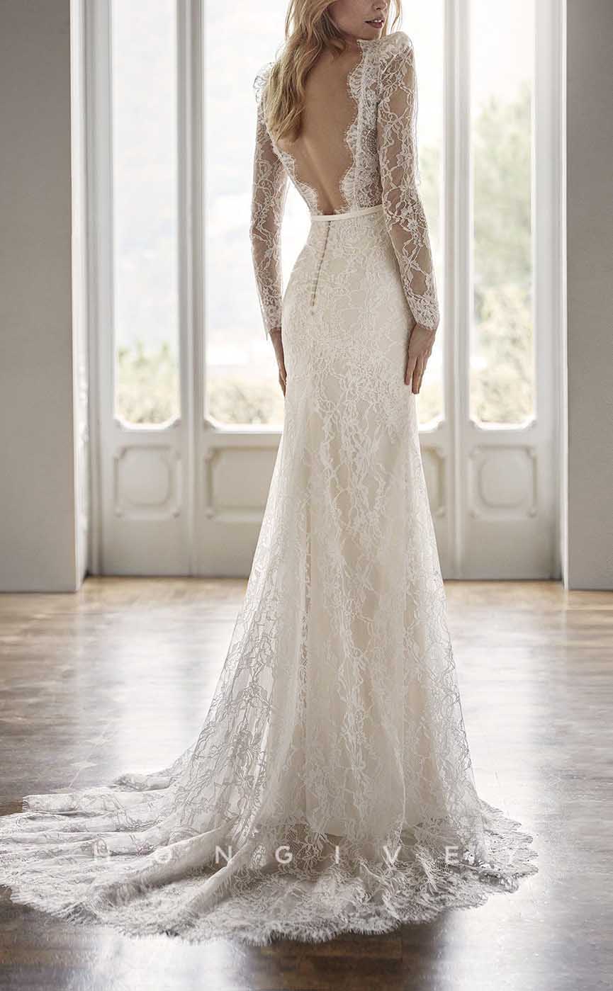 H1371 - Sexy Lace Trumpt V-Neck Long Sleeve Empire Open Back With Slit Train Wedding Dress