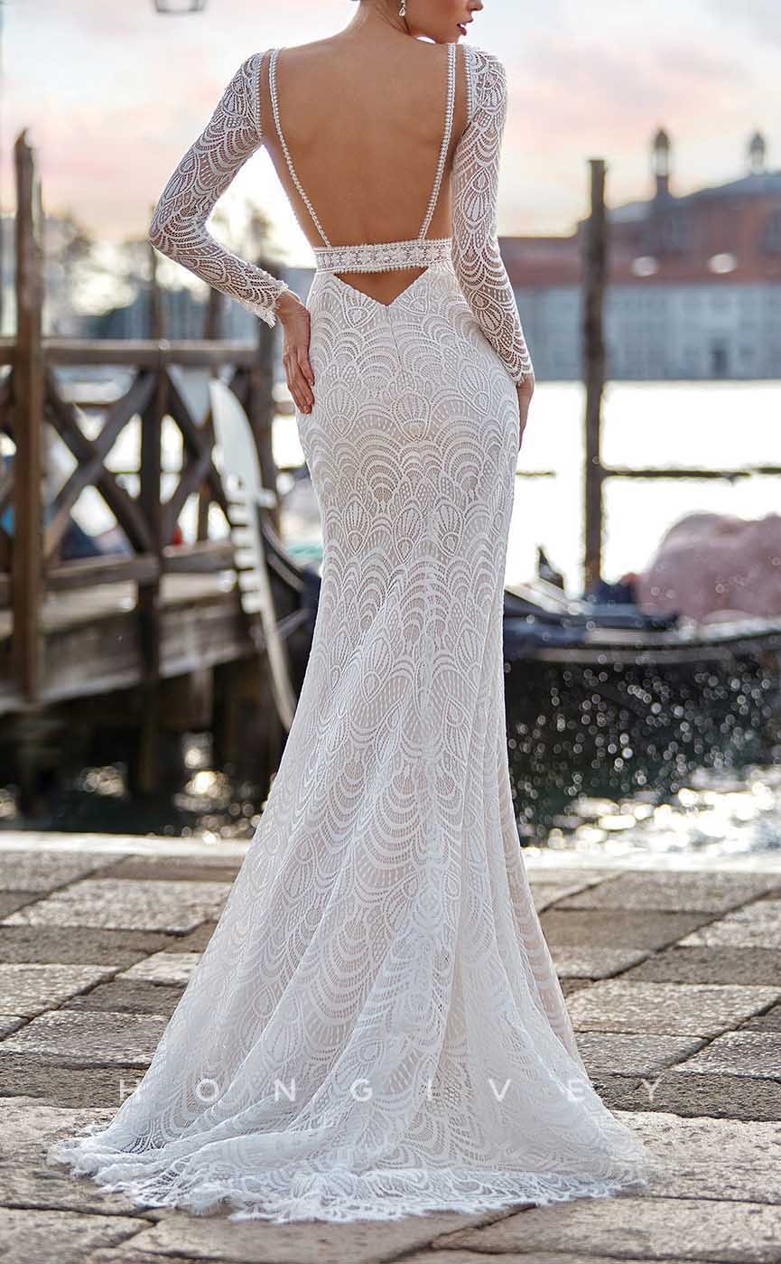 H1372 - Sexy Satin Trumpt Scoop Long Sleeve Empire Illusion Open Back With Train Boho Wedding Dress