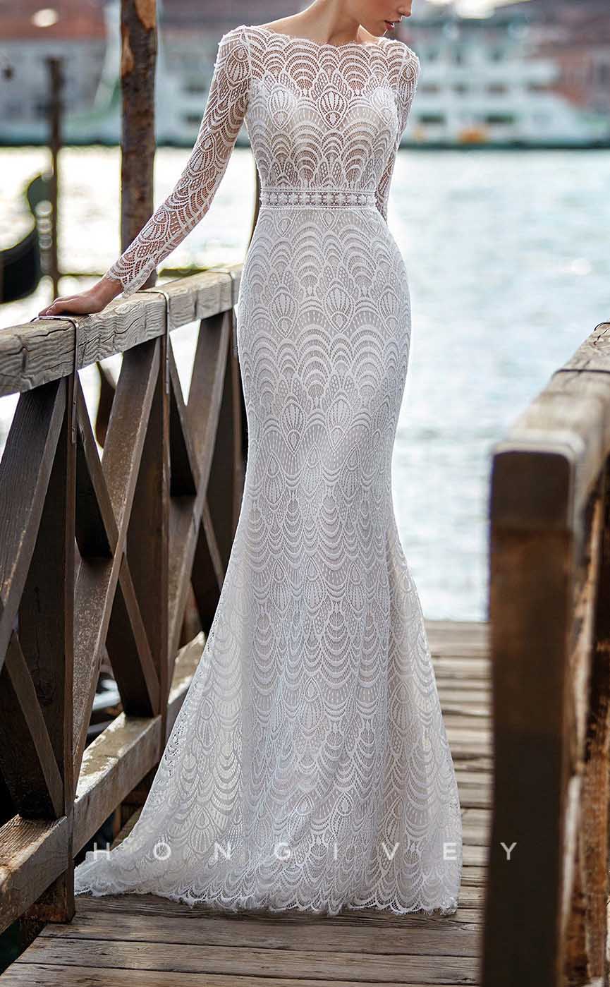 H1372 - Sexy Satin Trumpt Scoop Long Sleeve Empire Illusion Open Back With Train Boho Wedding Dress