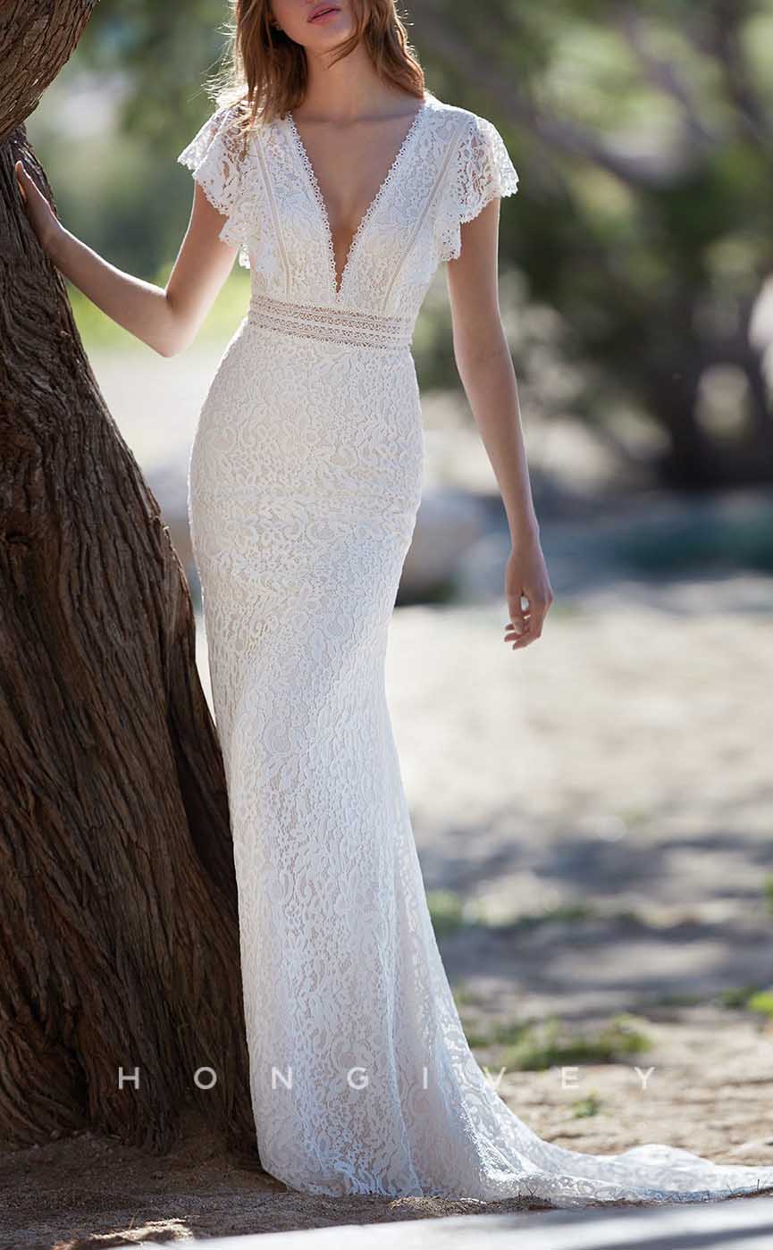 H1373 - Sexy Lace Trumpt V-Neck Ruffled Empire Illusion Fully Appliques With Train Boho Wedding Dress