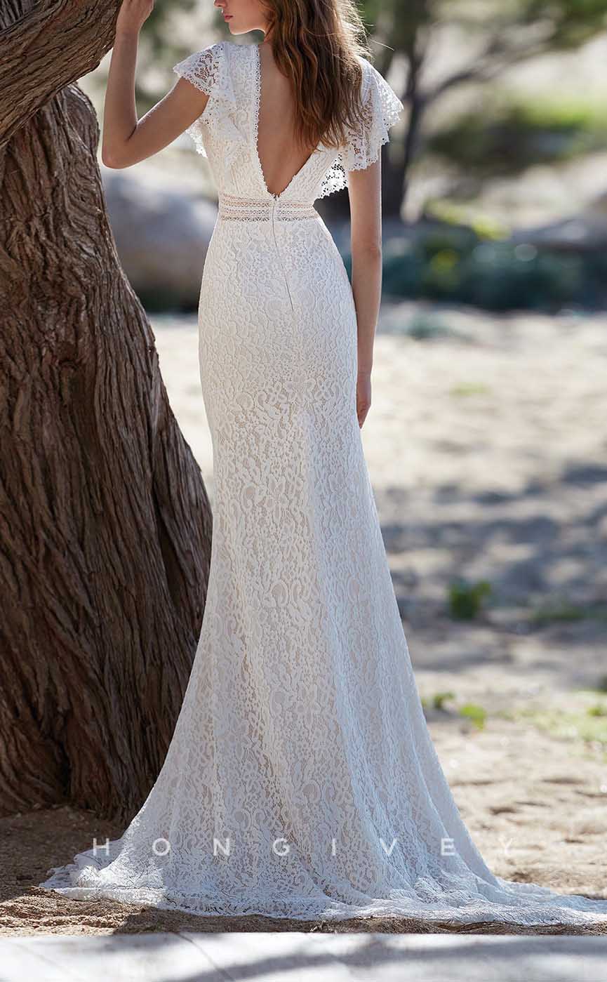 H1373 - Sexy Lace Trumpt V-Neck Ruffled Empire Illusion Fully Appliques With Train Boho Wedding Dress