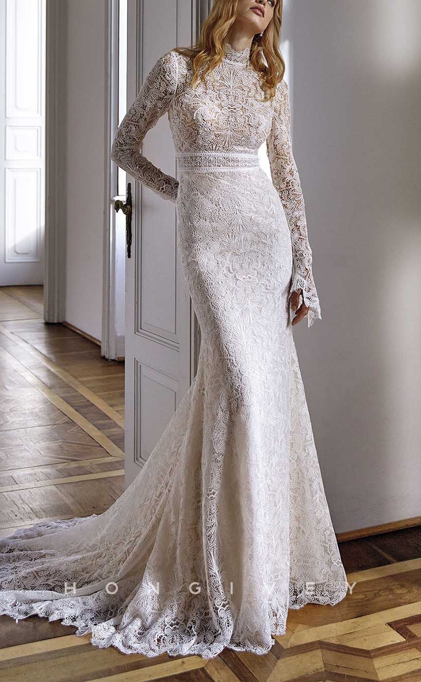 H1374 - Sexy Trumpt Lace High Neck Long Sleeve Illusion Empire Appliques With Train Boho Wedding Dress