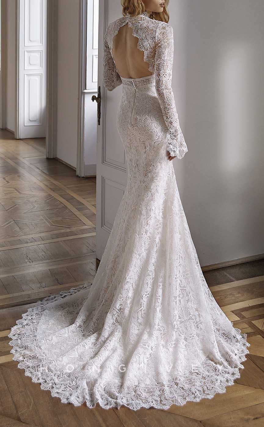 H1374 - Sexy Trumpt Lace High Neck Long Sleeve Illusion Empire Appliques With Train Boho Wedding Dress