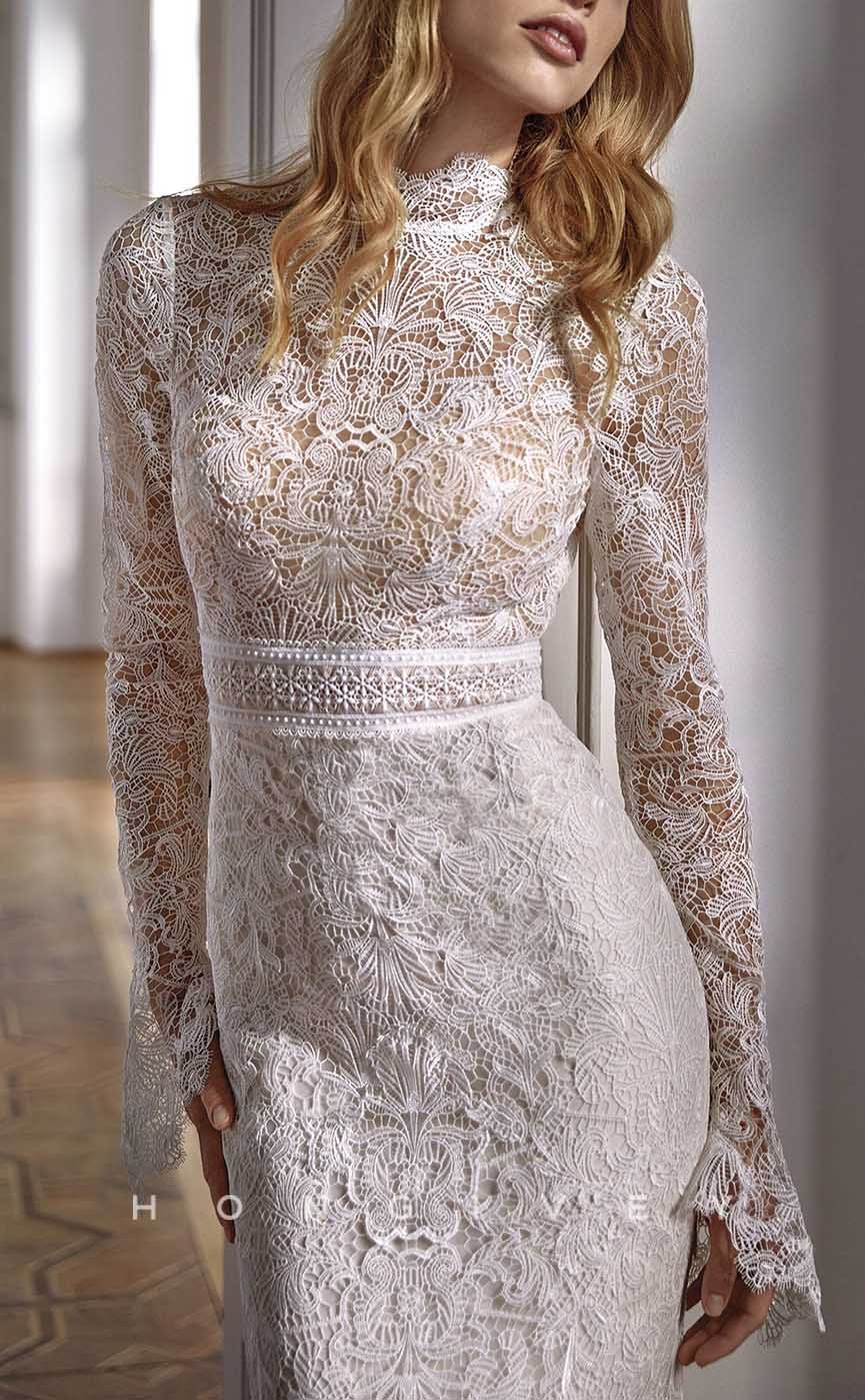 H1374 - Sexy Trumpt Lace High Neck Long Sleeve Illusion Empire Appliques With Train Boho Wedding Dress