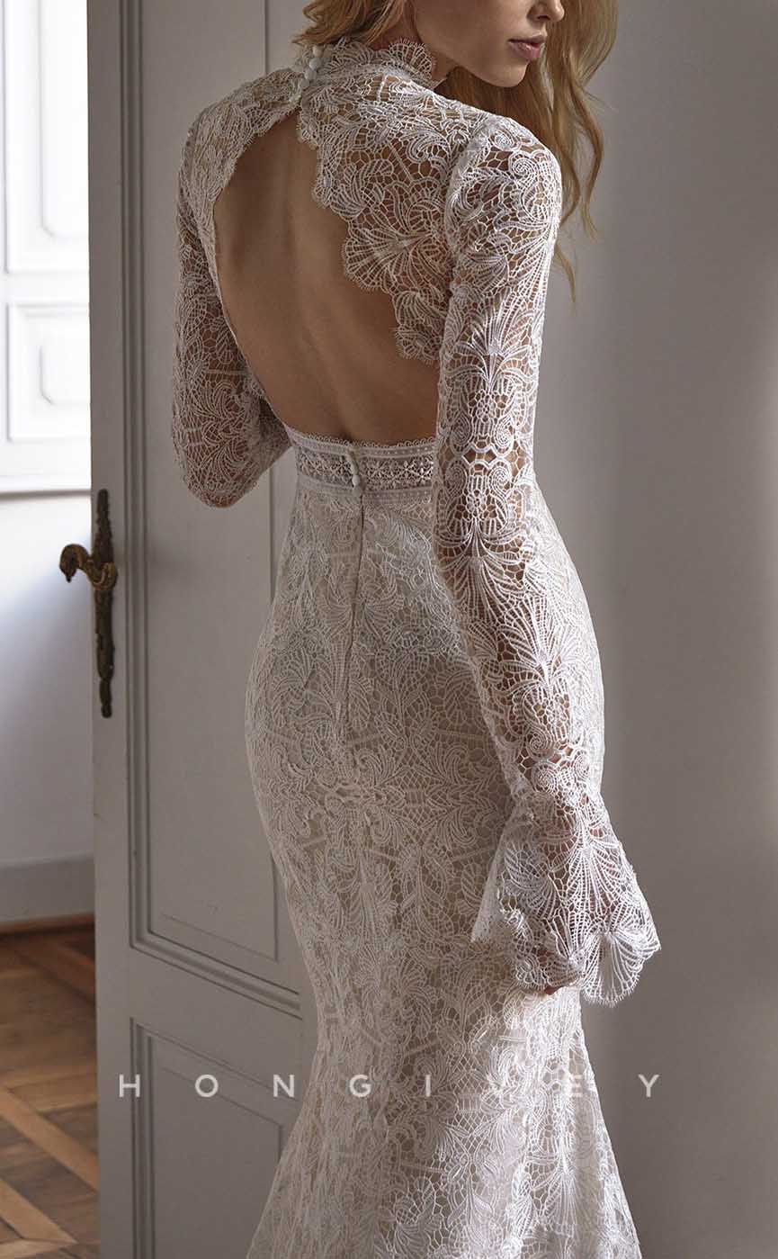 H1374 - Sexy Trumpt Lace High Neck Long Sleeve Illusion Empire Appliques With Train Boho Wedding Dress