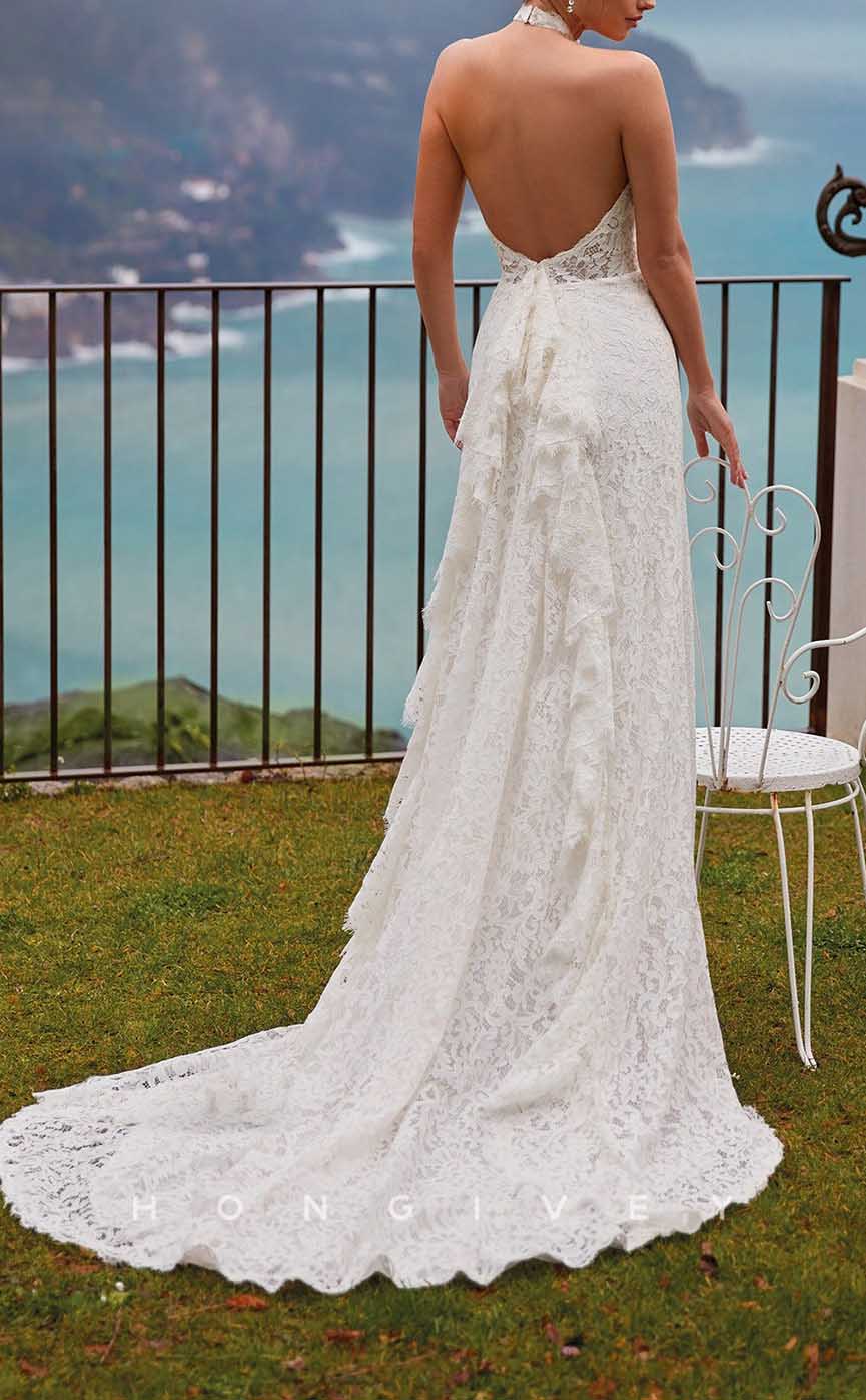 H1375 - Sexy Trumpt Lace High Neck Illusion Empire Open Back With Train Boho Wedding Dress