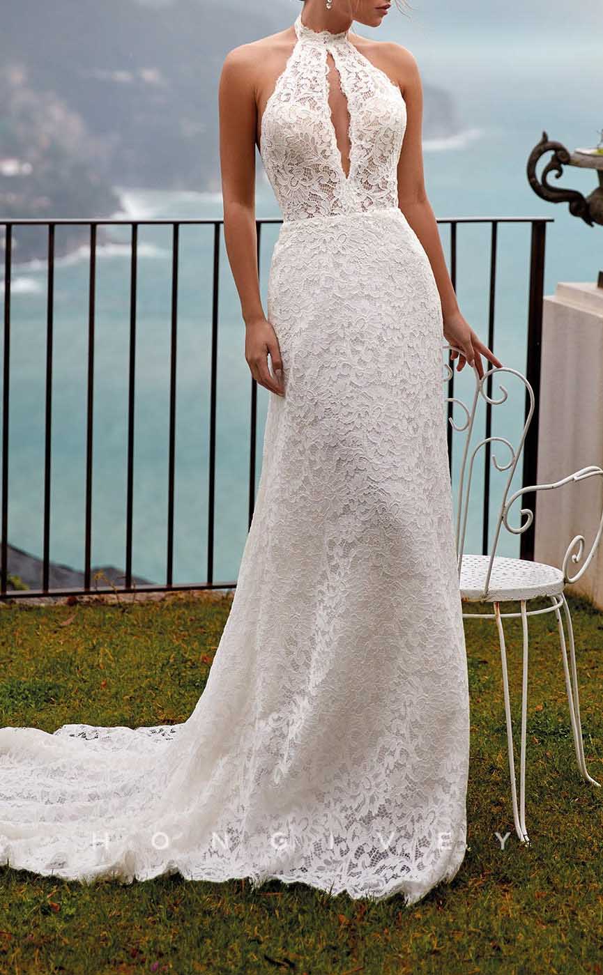 H1375 - Sexy Trumpt Lace High Neck Illusion Empire Open Back With Train Boho Wedding Dress