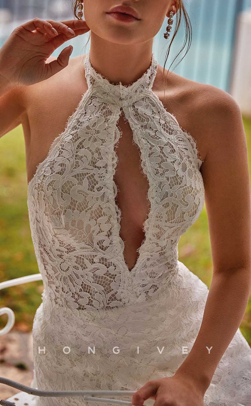 H1375 - Sexy Trumpt Lace High Neck Illusion Empire Open Back With Train Boho Wedding Dress