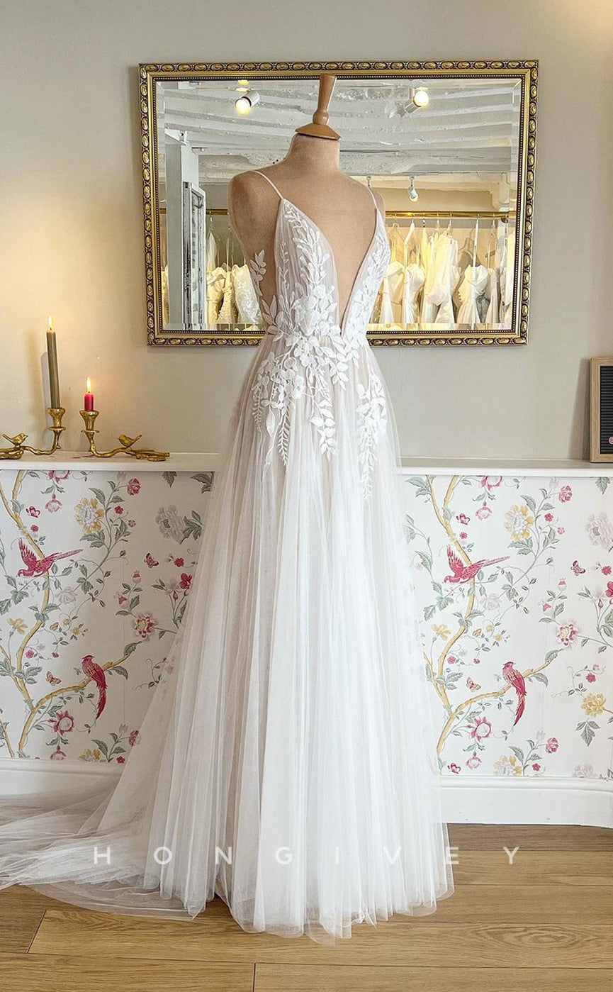 H1376 - Sexy Tulle A-Line V-Neck Spaghetti Straps Empire Appliques With Tulle Train Wedding Dress