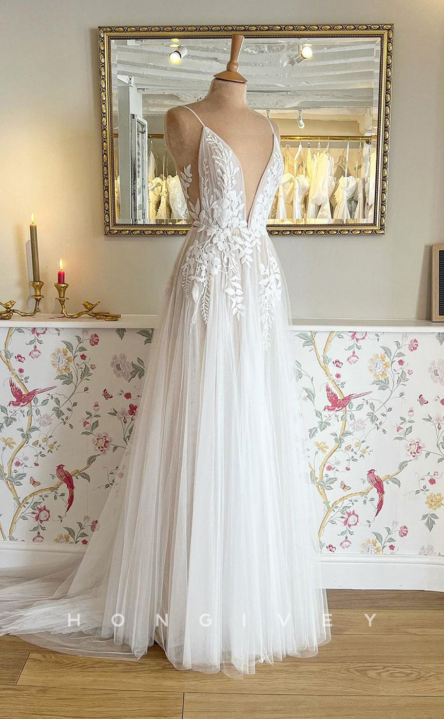 H1376 - Sexy Tulle A-Line V-Neck Spaghetti Straps Empire Appliques With Tulle Train Wedding Dress