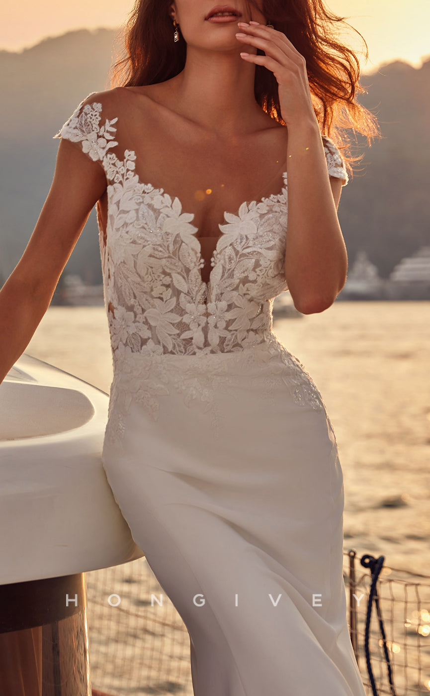 H1377 - Sexy Fitted Satin Off-Shoulder Empire Illusion Appliques With Lace Train Wedding Dress