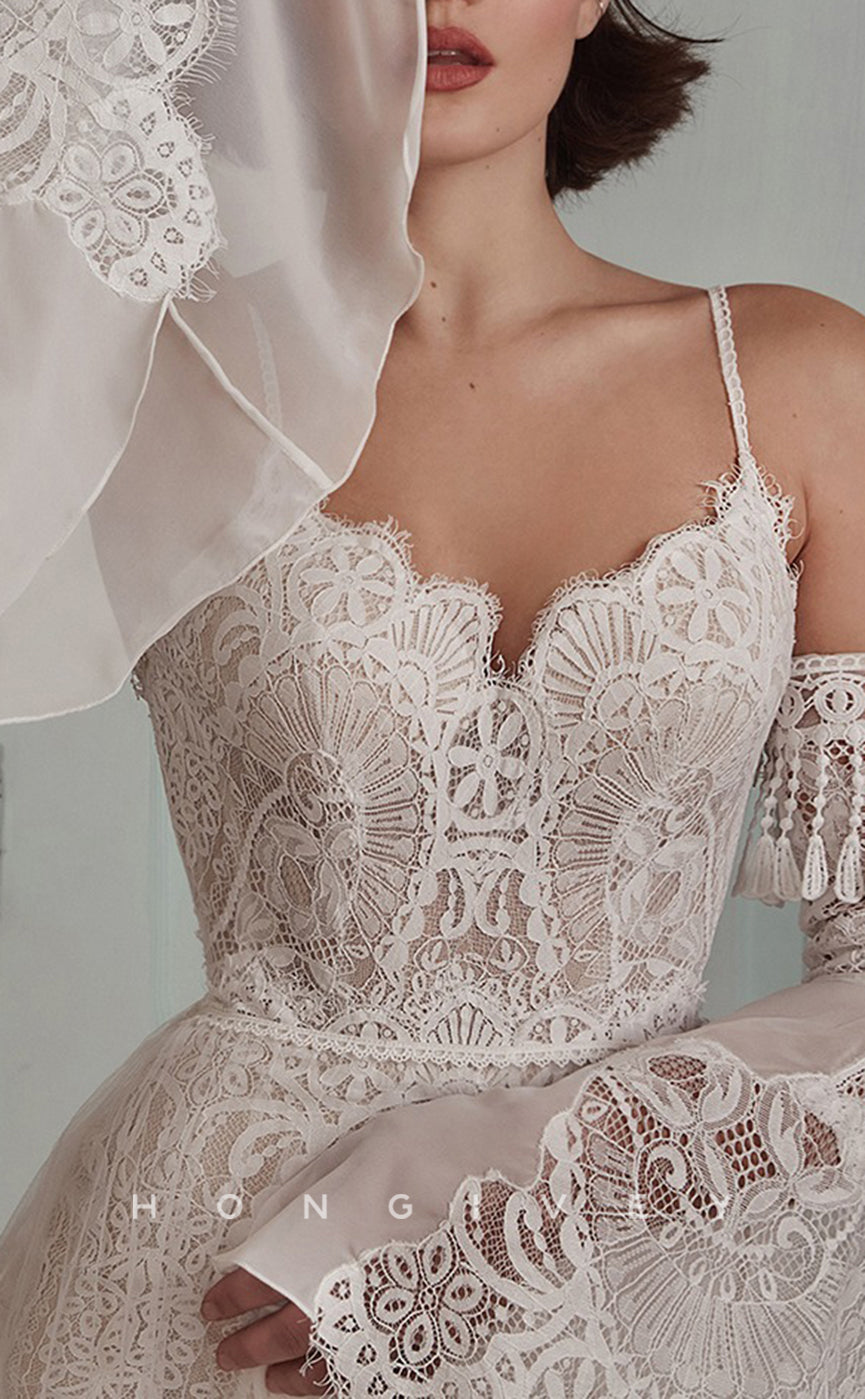 H1378 - Sexy Lace Trumpet Sweetheart Spaghetti Straps Detachable  Long Bell Sleeves Boho Wedding Dress