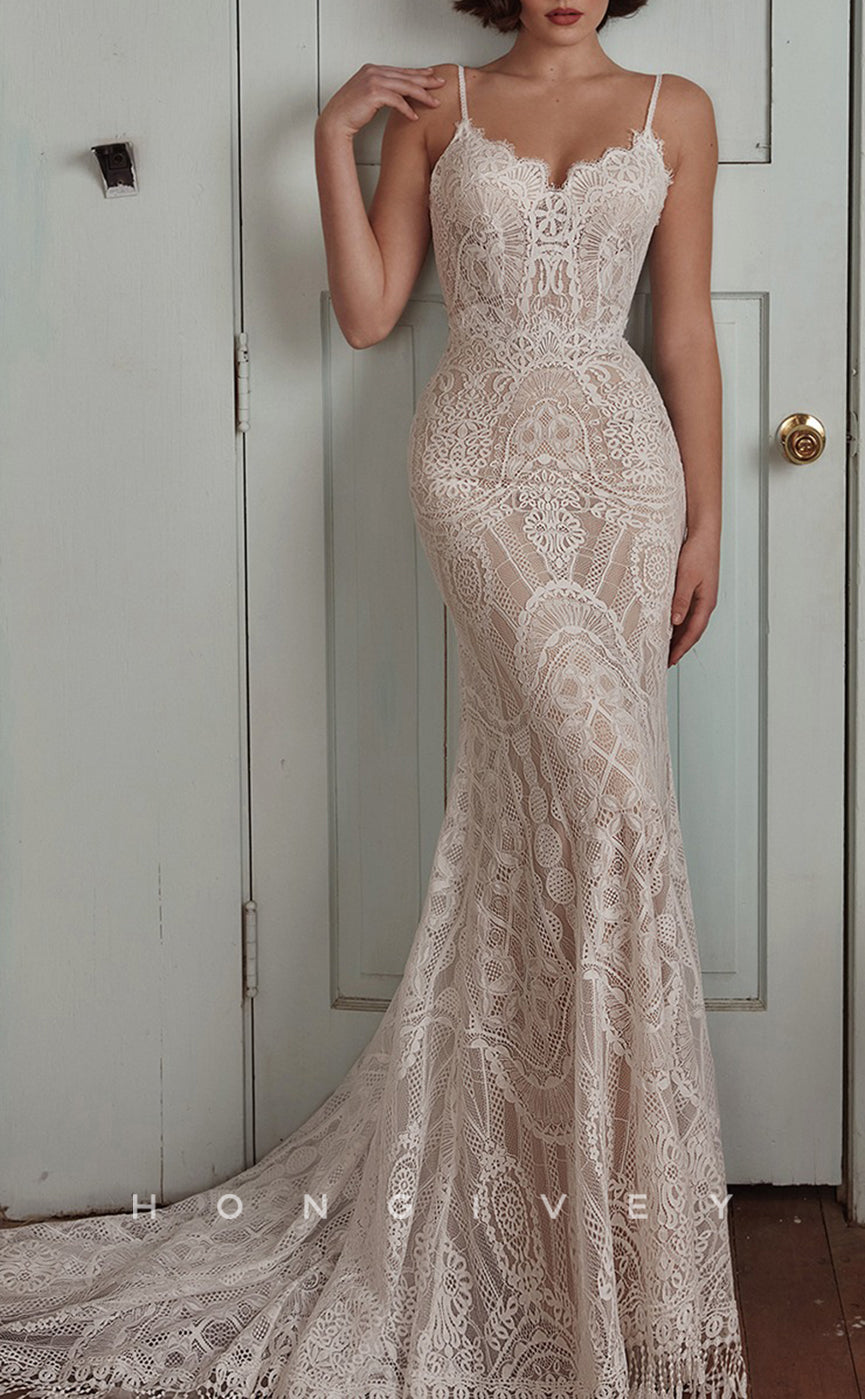 H1378 - Sexy Lace Trumpet Sweetheart Spaghetti Straps Detachable  Long Bell Sleeves Boho Wedding Dress