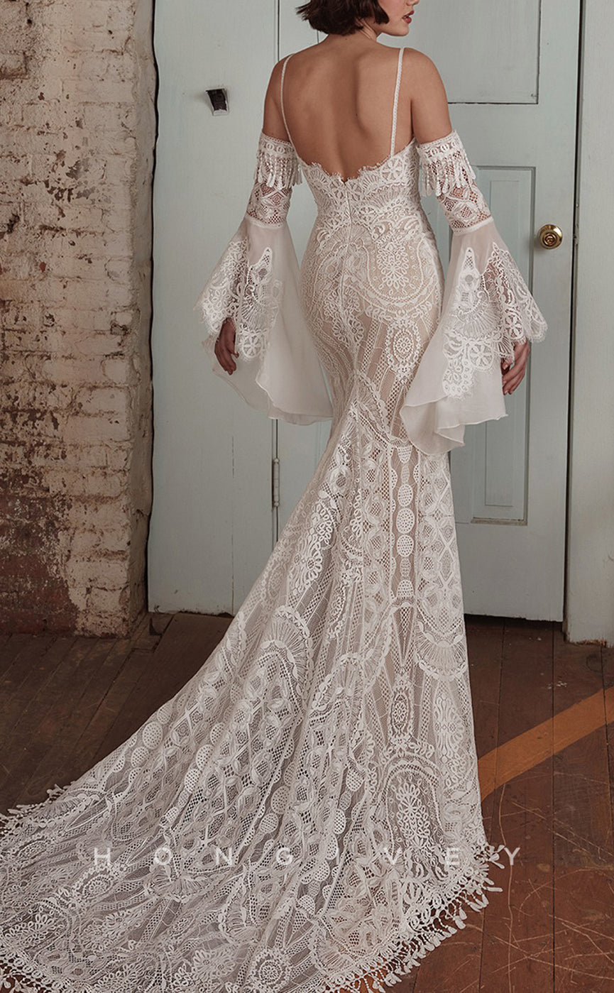 H1378 - Sexy Lace Trumpet Sweetheart Spaghetti Straps Detachable  Long Bell Sleeves Boho Wedding Dress