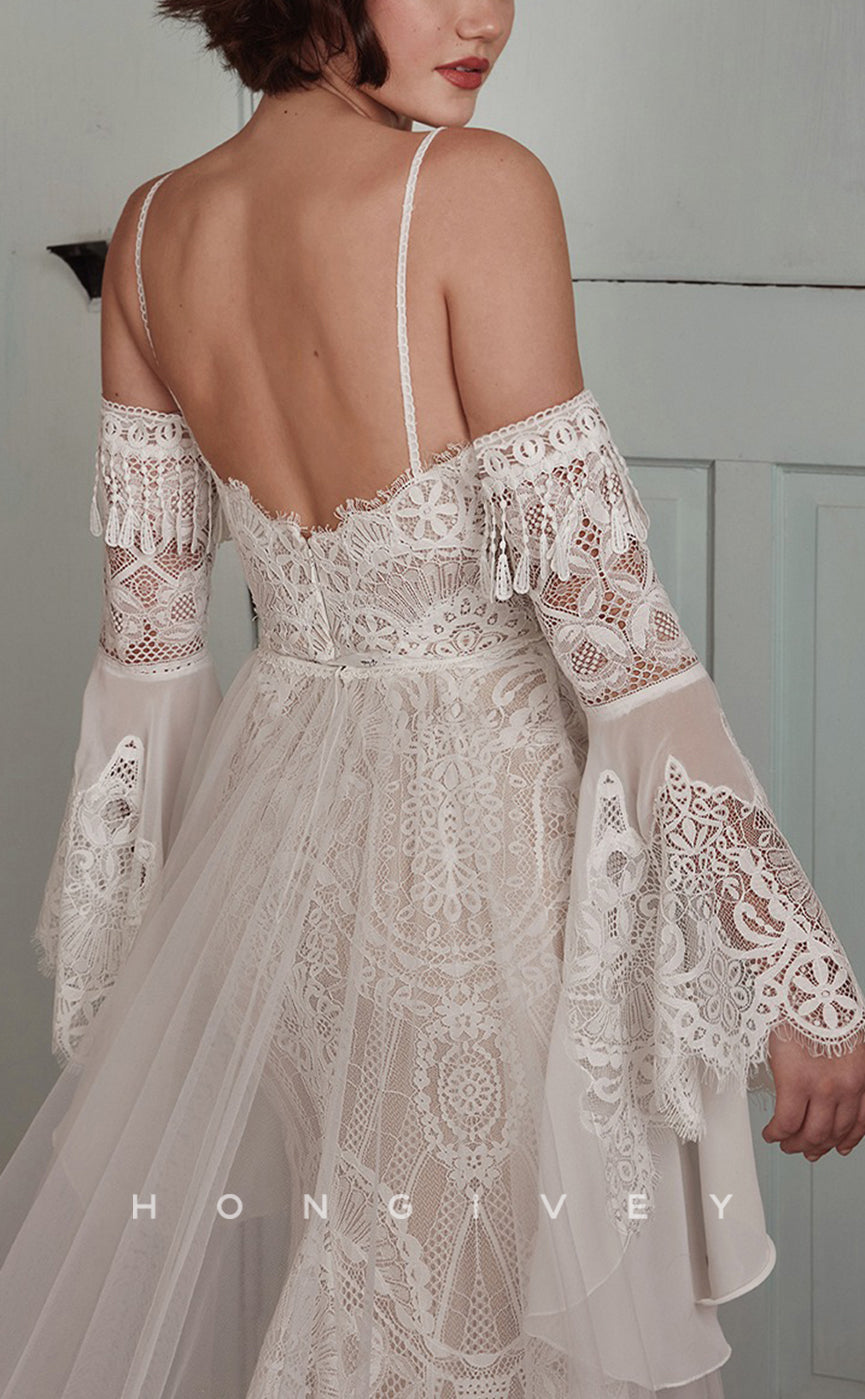 H1378 - Sexy Lace Trumpet Sweetheart Spaghetti Straps Detachable  Long Bell Sleeves Boho Wedding Dress