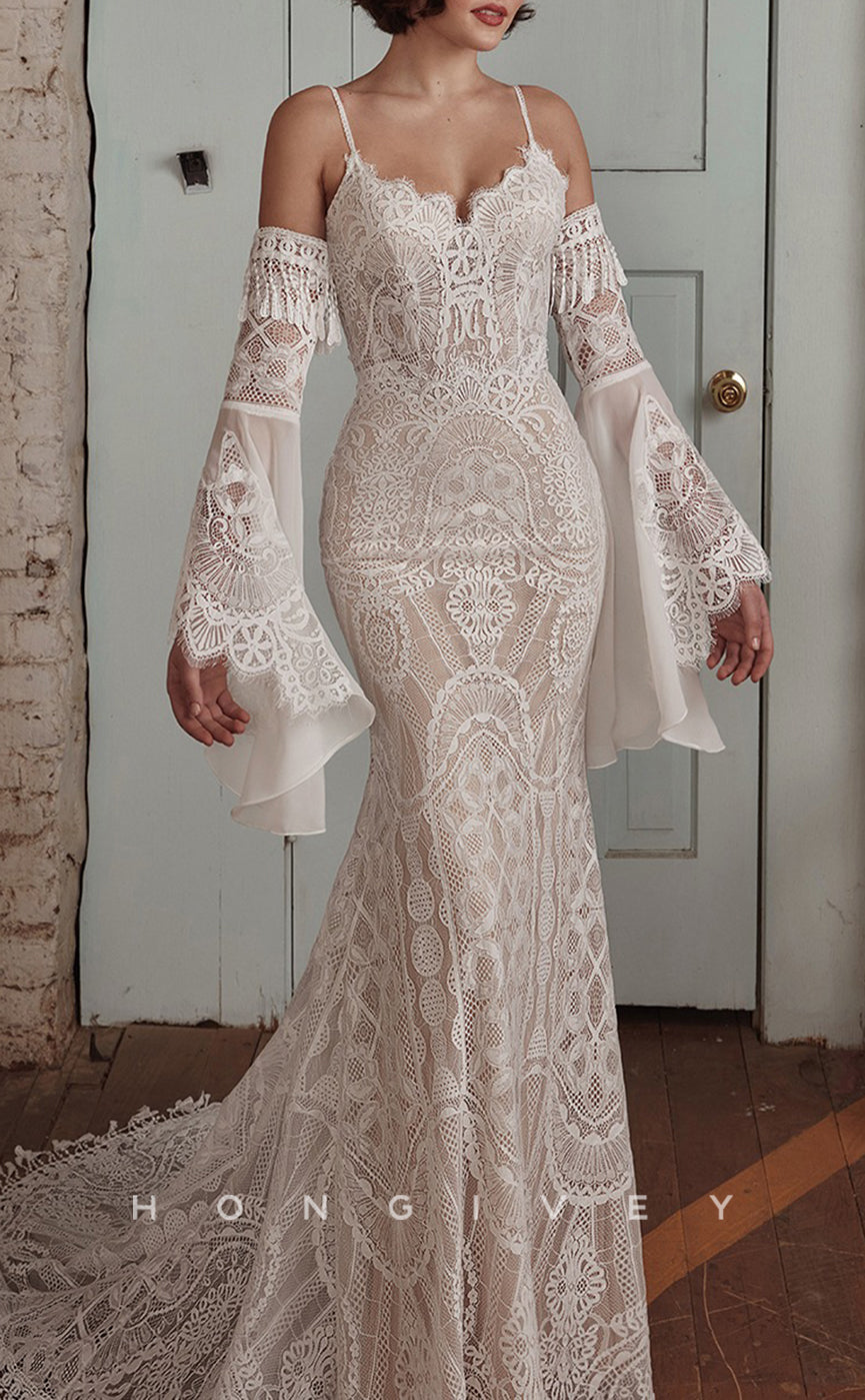 H1378 - Sexy Lace Trumpet Sweetheart Spaghetti Straps Detachable  Long Bell Sleeves Boho Wedding Dress