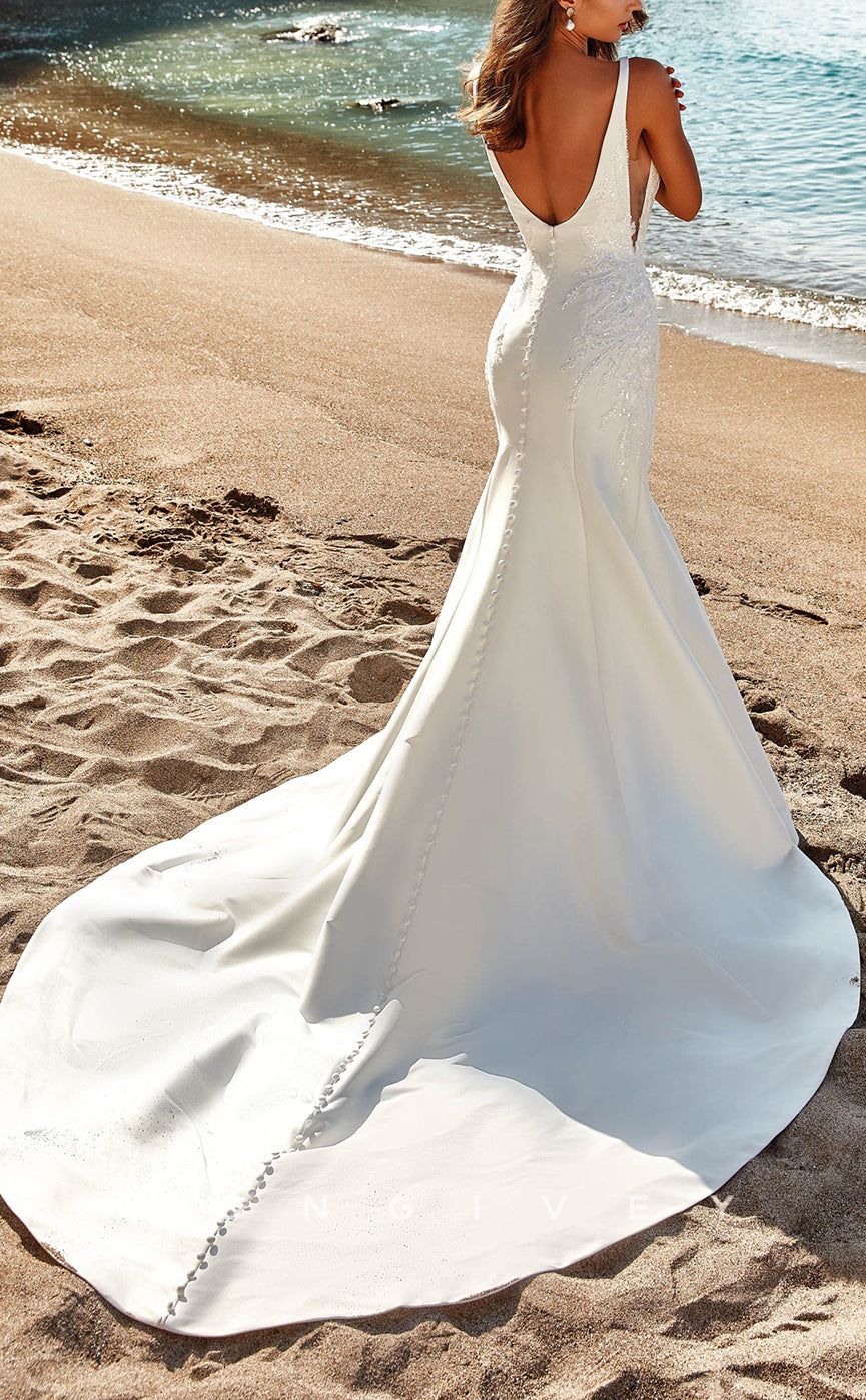 H1379 - Sexy Satin Trumpet V-Neck Straps Sleeveless  Empire Beaded Appliques With Train Wedding Dress