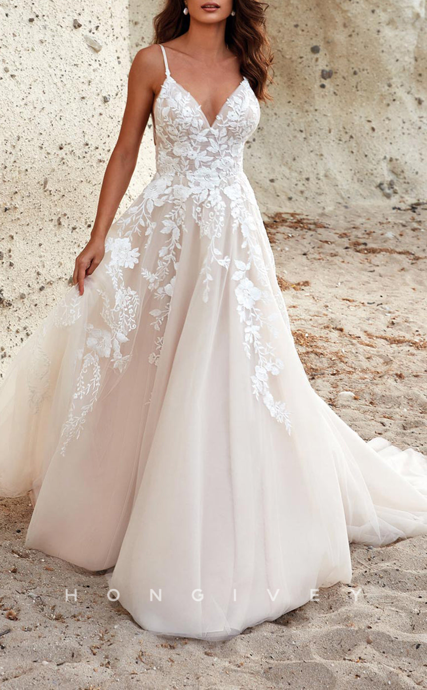 H1380 - Sexy Tulle A-Line V-Neck Spaghetti Straps Empire Appliques With Train Wedding Dress