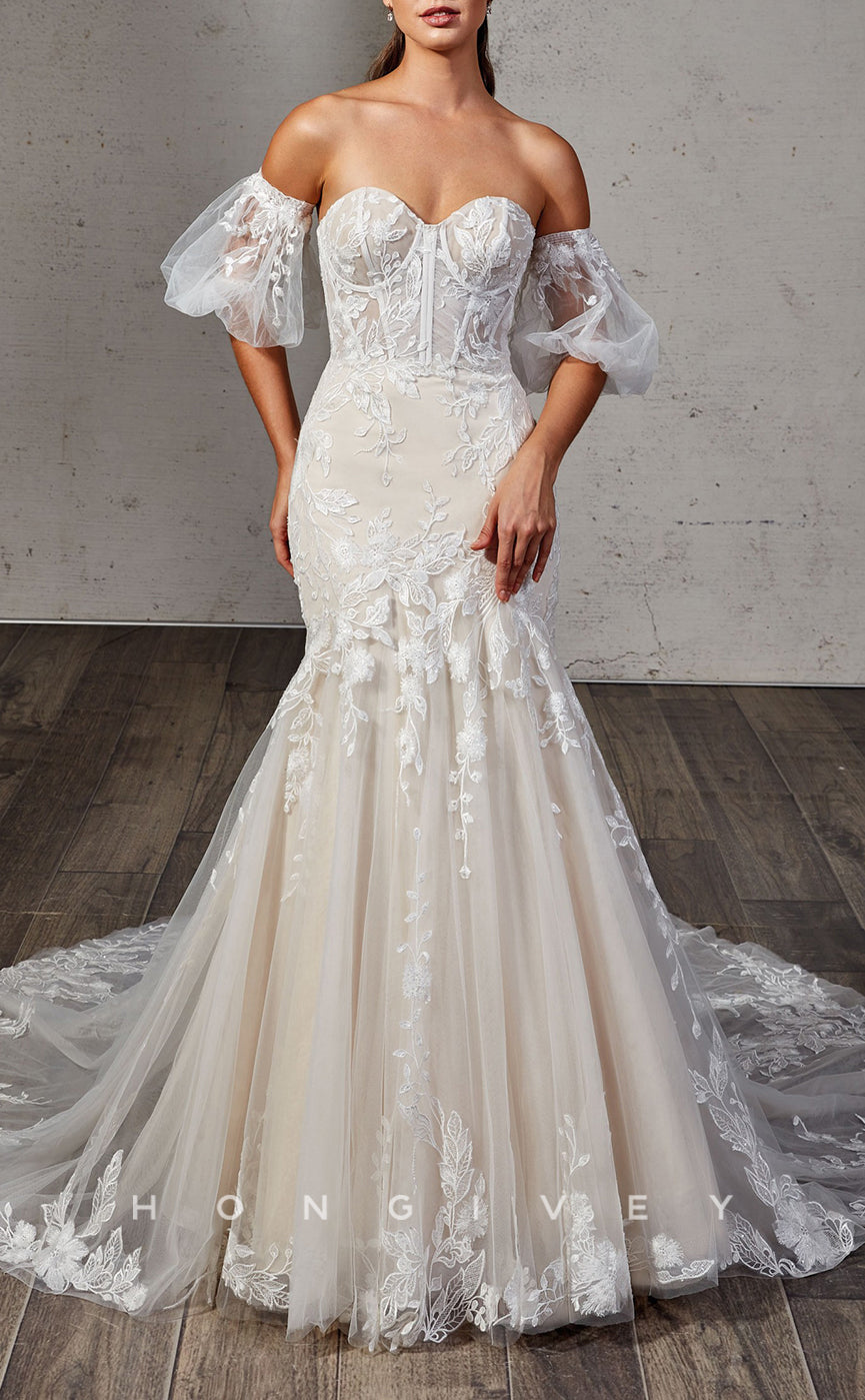 H1381 - Sexy Satin Trumpet Sweetheart Puff Sleeves Empire Appliques With Tulle Train Wedding Dress