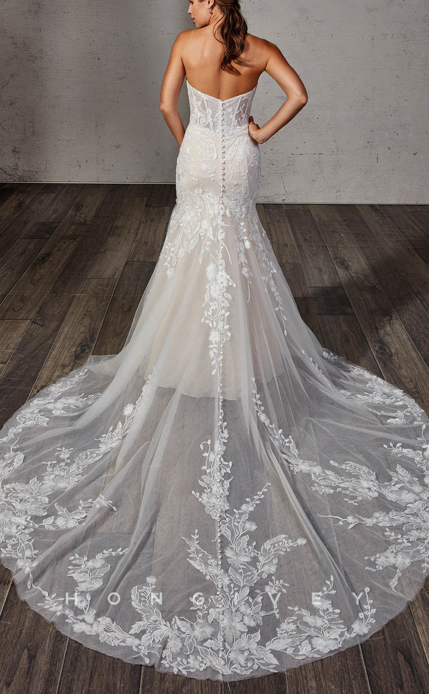 H1381 - Sexy Satin Trumpet Sweetheart Puff Sleeves Empire Appliques With Tulle Train Wedding Dress