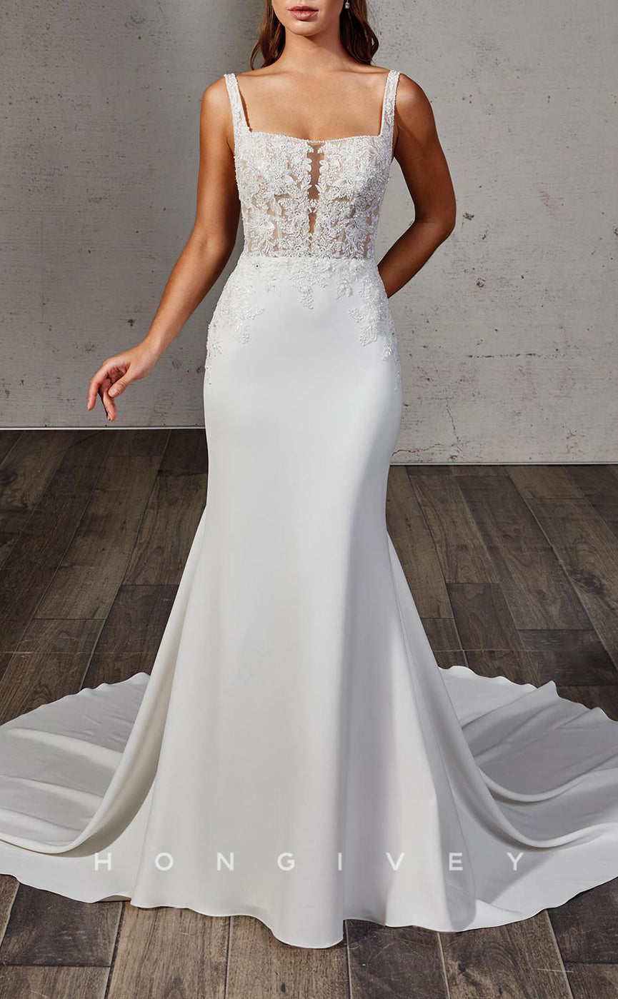 H1382 - Sexy Satin Trumpet Square Straps Illusion Empire Beaded Appliques With Train Wedding Dress