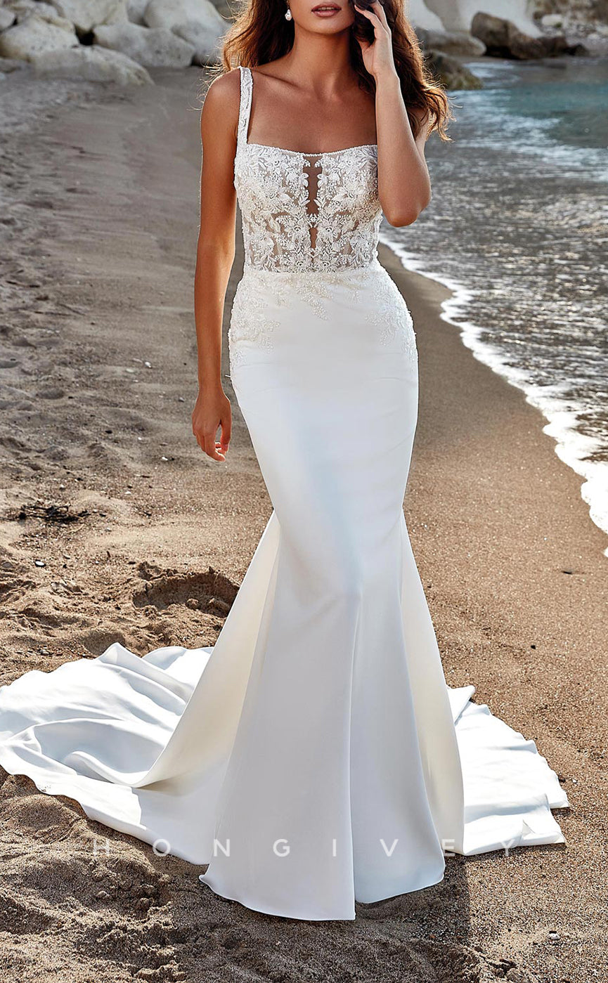 H1382 - Sexy Satin Trumpet Square Straps Illusion Empire Beaded Appliques With Train Wedding Dress