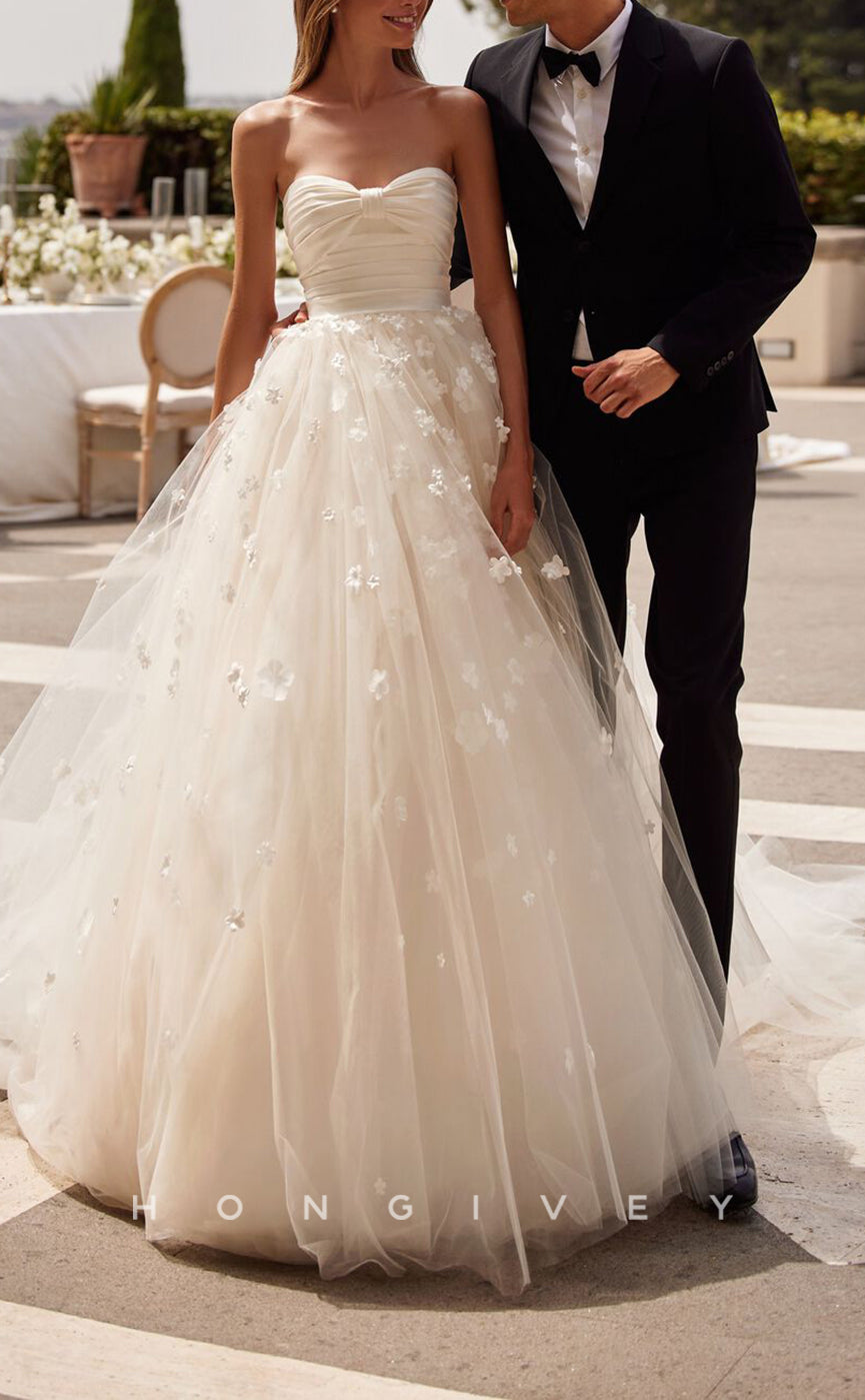 H1383 - Sexy Tulle A-Line Sweetheart Strapless Empire Floral Embossed With Tulle Train Wedding Dress