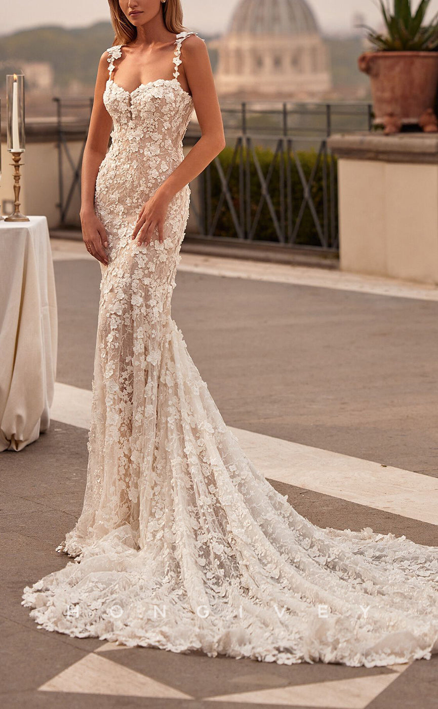 H1384 - Sexy Trumpet Lace Sweetheart Spaghetti Straps Empire Fully Lace Applique With Train Wedding Dress