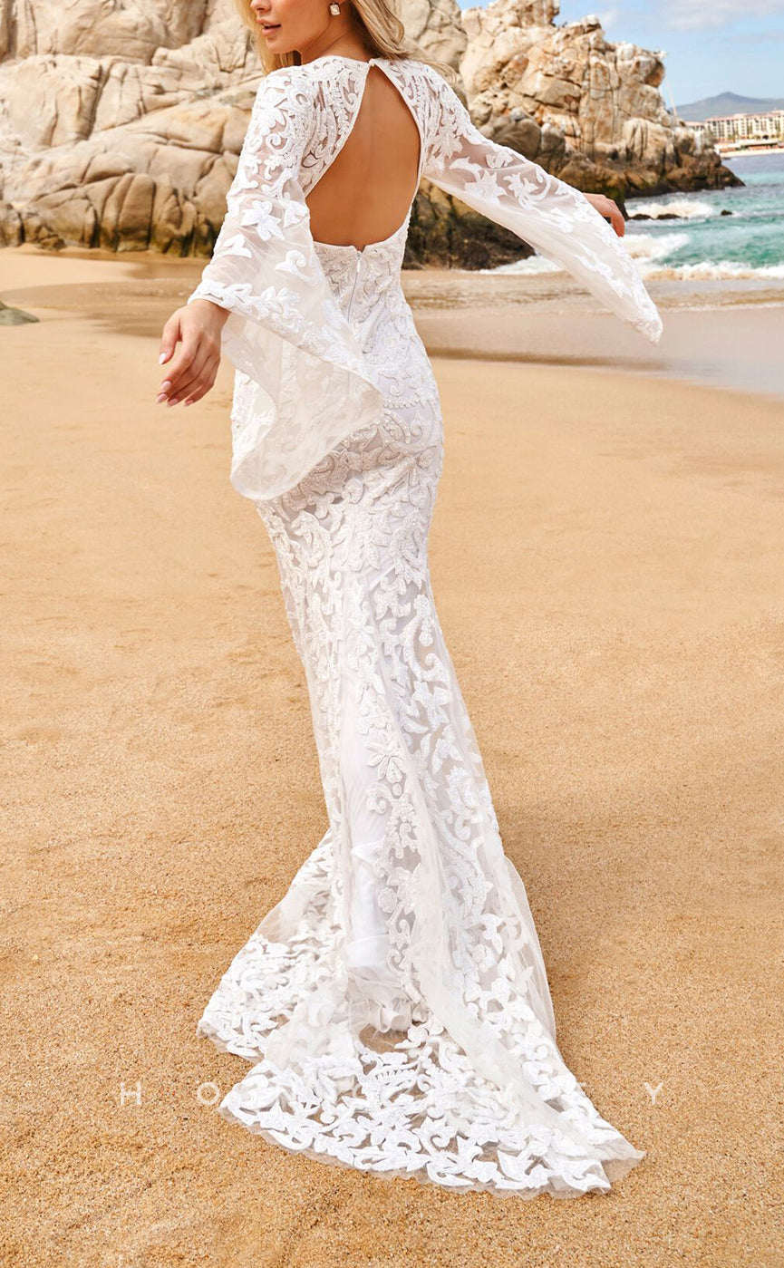 H1385 - Sexy Satin Trumpet V-Neck Long Sleeve Empire Appliques With Lace Train Beach Wedding Dress