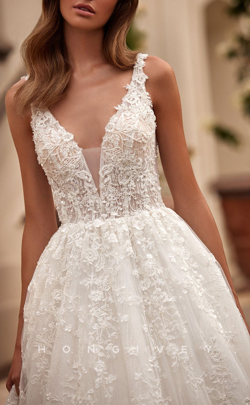 H1386 - Sexy A-Line Tulle V-Neck Spaghetti Straps Empire Lace Appliques With Train Wedding Dress