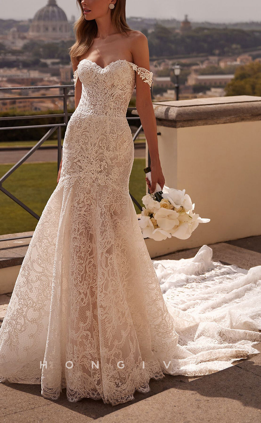 H1388 - Sexy Lace Trumpet Off-Shoulder Empire Fully Appliques With Train Wedding Dress