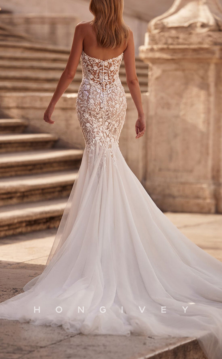 H1389 - Sexy Trumpet Sweetheart Strapless Empire Illusion Floral Embossed With Tulle Train Wedding Dress