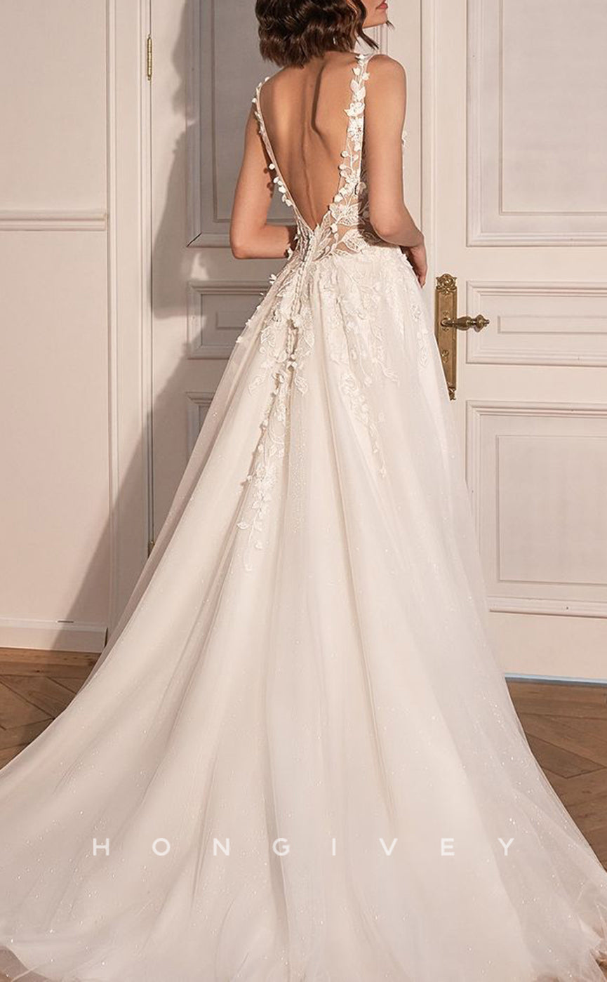 H1390 - Sexy Tulle A-Line V-Neck Straps Illusion Empire Floral Appliques With Train Wedding Dress