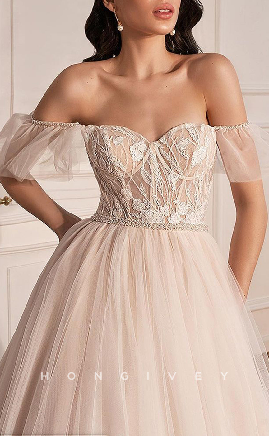 H1391 - Sexy Tulle A-Line Off-Shoulder Empire Beaded Appliques Bowknot With Train Wedding Dress