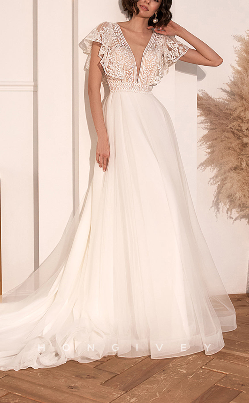 H1392 - Sexy Tulle A-Line V-Neck Ruffled Empire Appliques With Tulle Train Boho Wedding Dress