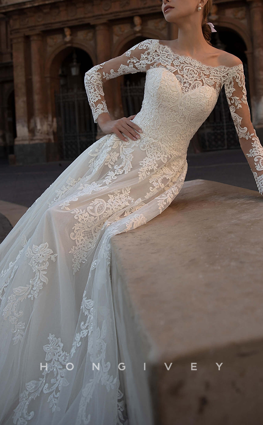 H1396 - Sexy Tulle A-Line Off-Shoulder Lace Long Sleeve Empire Appliques With Train Wedding Dress