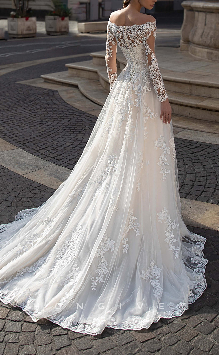 H1396 - Sexy Tulle A-Line Off-Shoulder Lace Long Sleeve Empire Appliques With Train Wedding Dress