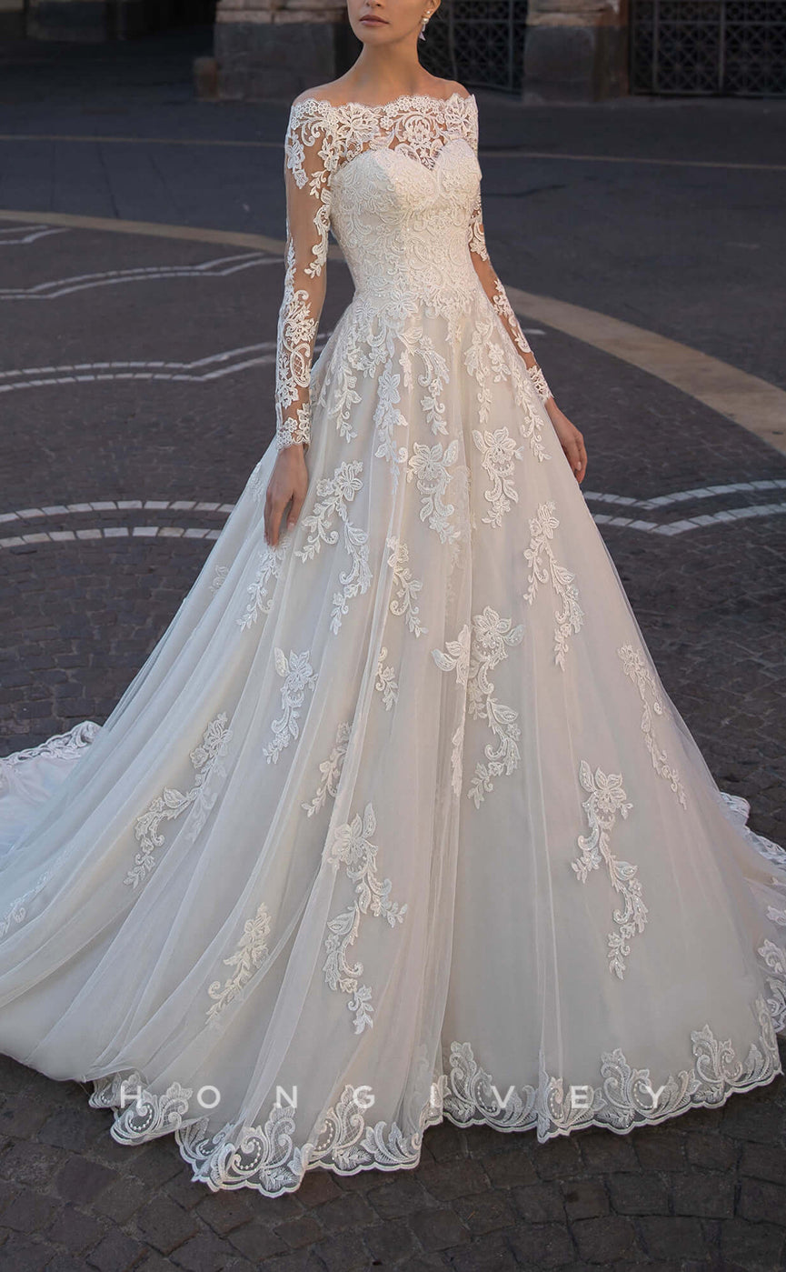 H1396 - Sexy Tulle A-Line Off-Shoulder Lace Long Sleeve Empire Appliques With Train Wedding Dress