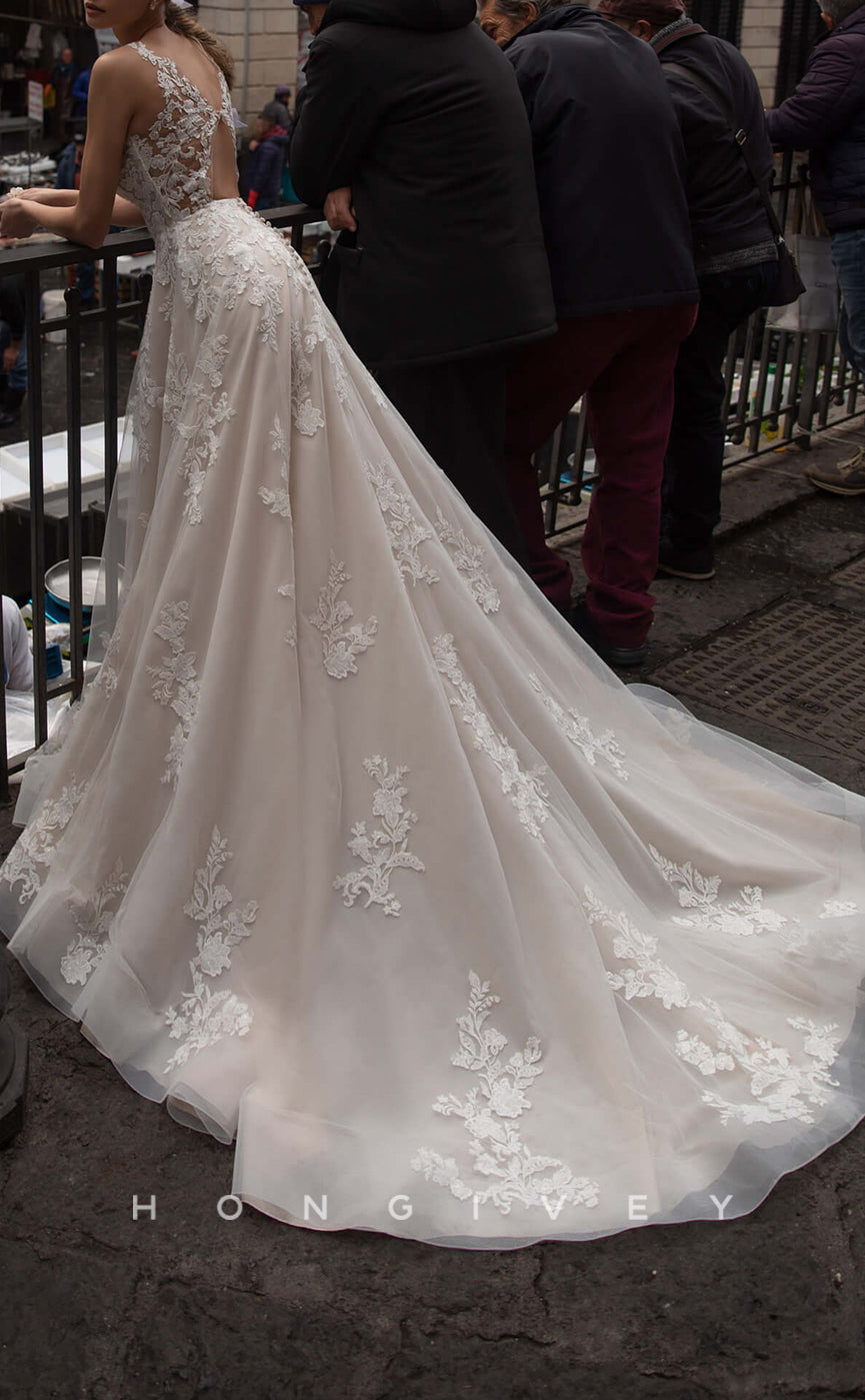 H1397 - Sexy Tulle A-Line V-Neck Spaghetti Straps Empire Appliques With Train Wedding Dress